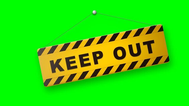 Yellow Keep Out hazard sign hangs on a vivid green screen, ready for chroma key use in security and restricted access projects.