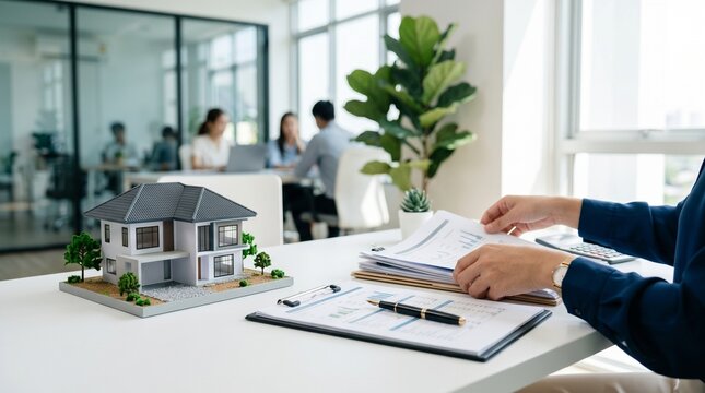 Real estate agent working with a small house model and documents on a desk in a modern bright office building