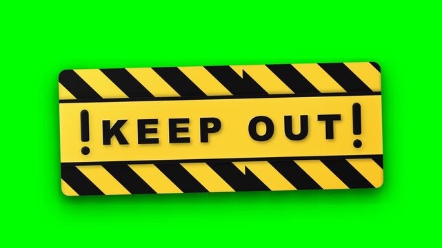 Bold Keep Out hazard board on a bright green screen for chroma key security, exclusion, safety, and restricted access footage.
