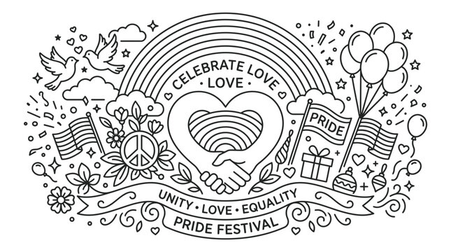 Pride festival line art illustration. LGBTQ equality celebration banner. Unity and love concept design.