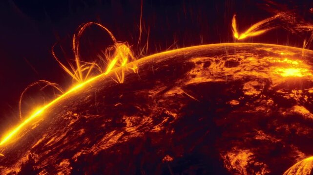 Ember storms rolling across solar crust, streaking light trails, bright loops forming transient crowns, intense molten patterns and turbulent motion.