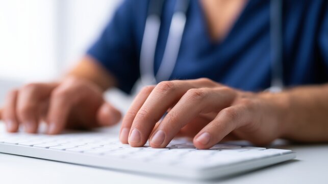 Doctor typing on a computer keyboard in a medical office