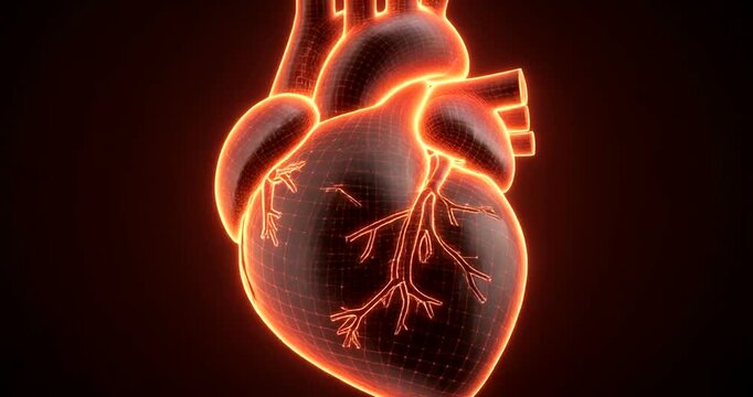 Glowing Digital Human Heart Anatomy Illustration with Wireframe Overlay.