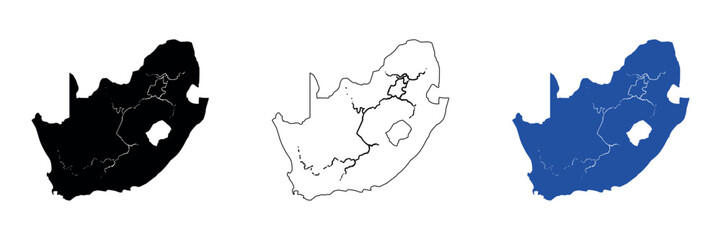 Map of South Africa showing its rivers and borders in three distinct styles © Santiago