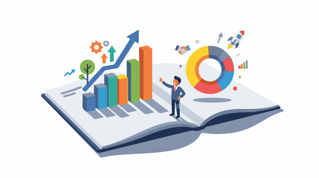 Business presentation with charts graphs and a businessman pointing