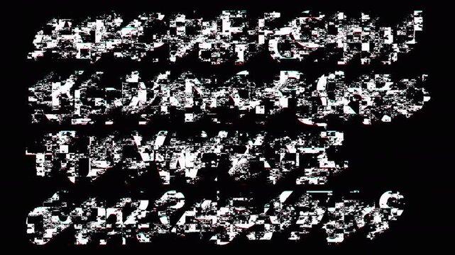 "Glitch Alphabet Letters A to Z Animation, Digital Distortion Text Effect, 4K with Alpha Channel"