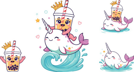 Cute narwhal whale riding a cartoon boba milk tea character vector set with crown stars ocean waves and happy kawaii stickers design © ALEXA!
