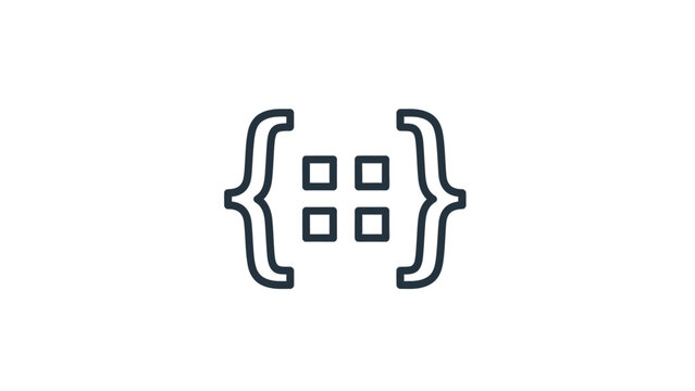 Minimalist Coding Icon featuring dark line art of curly braces and grid squares on white background ideal for software development websites and tech presentations.