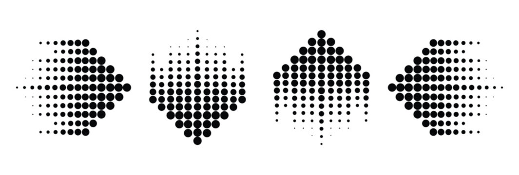 Halftone dot arrow vector shapes set with modern geometric hexagon directional pointing signs pack