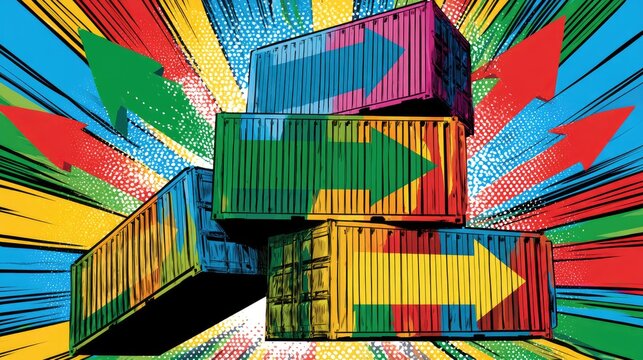 Stacked, colorful shipping containers with large arrows and radiating lines