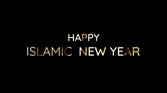 Happy Islamic New Year glow golden text flickering shine light effect animation on black background. Isolated alpha channel Apply prores 444
