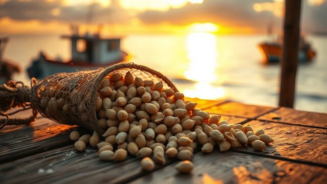  crab claw lies among spilled peanuts and a woven net on a weathered wooden dock, warm golden-hour light illuminating textures while a blurred fishing boat floats on calm sea in the background.
