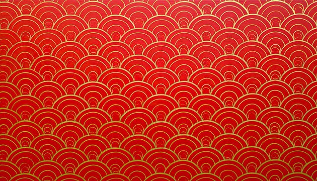 Vibrant red backdrop with repeating gold scalloped wave pattern