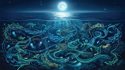 Underwater Marine Life Swirling Under Full Moon Reflection on Calm Ocean Surface, Ethereal Bioluminescent Ecosystem, Abstract Nature Concept © Mucher