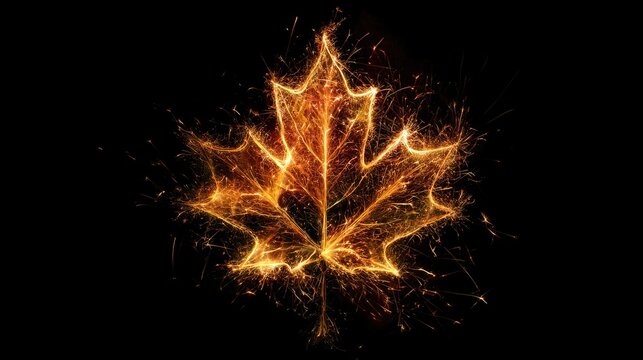 A glowing maple leaf formed from vibrant, sparking embers against black