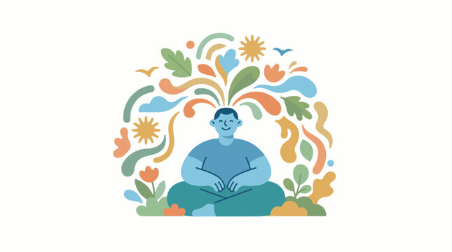 Person meditating with colorful abstract nature elements exploding from head