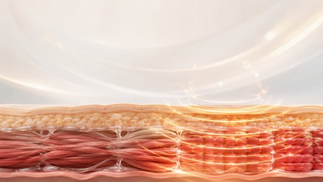 Human skin structure with detailed layers of muscle, fat, and connective tissue illustration