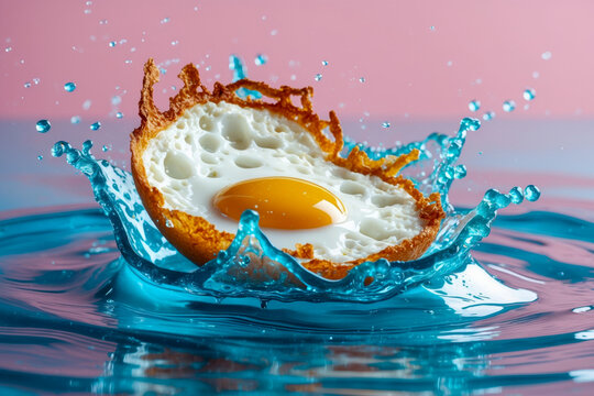 Abstract art breakfast scrambled fried eggs in blue splash liquid water food fantasy AI Generative