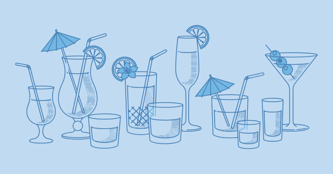 Collection Of Cocktail Glasses With Garnishes Blue Vector Illustration drinks beverage