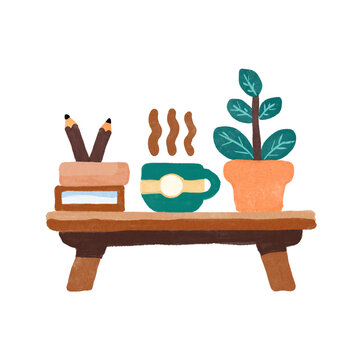 A still life illustration of a coffee mug, plant, and pencils on a wooden table indoors.