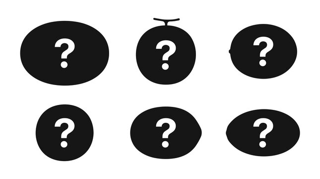 Set of six black question mark icons, simple outline shapes on a white background, representing unknowns and queries