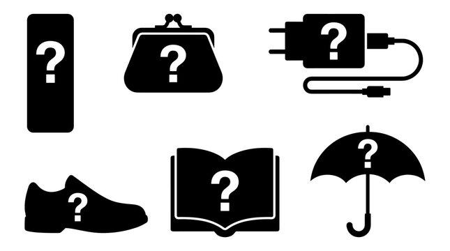 Set of isolated black silhouette icons with question marks representing unknown items or missing information, uncertainty, problem solving, decision