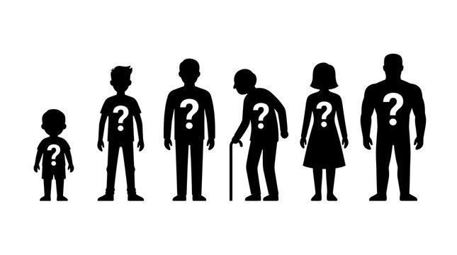 Question mark silhouette people showing life stages from baby to adult and senior, representing identity, growth, and uncertainty in human