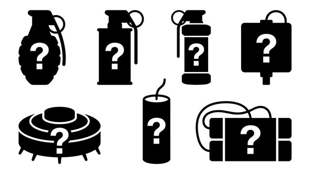 Collection of diverse explosive devices silhouettes with question marks, representing unknown danger, threat, or mystery, vector icons
