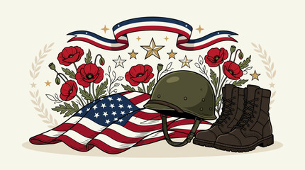 Fototapeta premium Memorial Day illustration features a patriotically decorated American flag, military helmet, boots, and red poppies with stars and ribbons.