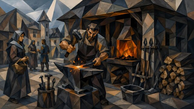Blacksmith Working in Medieval Village