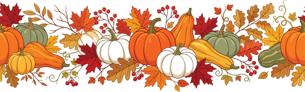 Autumn Harvest Pumpkin Border Featuring Colorful Fall Leaves Gourds and Foliage