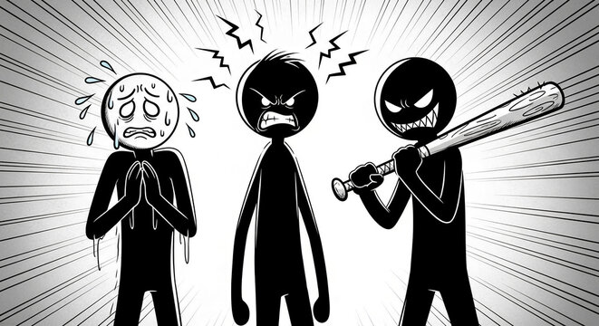 Three stylized figures, one fearful and pleading, another angry, and one menacing with a baseball bat, representing conflict and aggression.