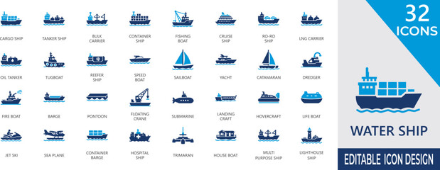 Water ship solid icons for cargo vessels, logistics, freight, navigation, marine, barge, and global shipping services. © Nagma