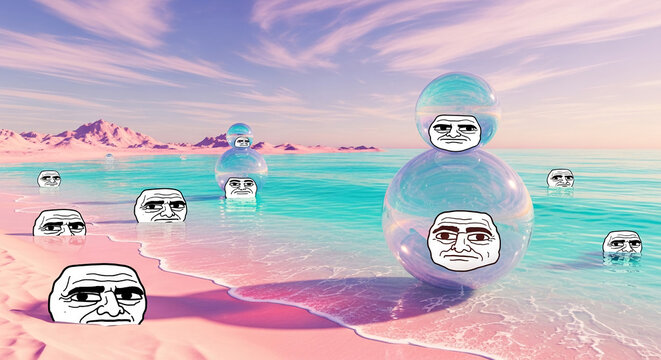 Surreal beach scene with cartoon faces in water and sand, featuring large spheres, symbolizing isolation, contemplation, or meme culture.