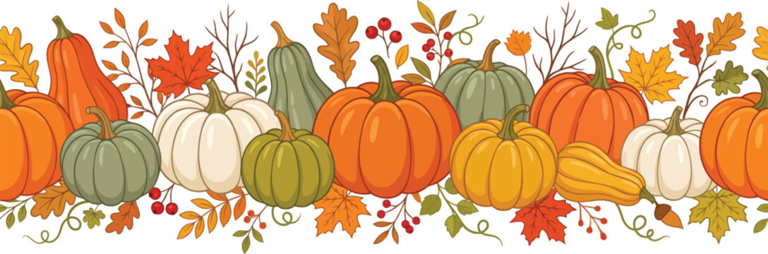 Autumn Pumpkin Border Featuring Colorful Harvest Gourds Leaves and Seasonal Foliage