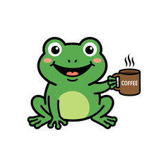 Fototapeta premium Funny Frog Logo, Holding a Coffee Cup, Happy Face, Simple Body Proportions, Thick Black Outline, Flat Logo