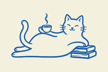 Line Drawing Of A Cat With A Cup And Stack Of Books © mdsaikat