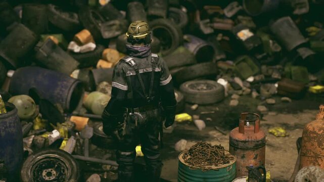Sentinel in tactical suit standing at edge of abandoned scrapyard at dawn, watchful pose, soft sunrise backlight on scattered tires and rusted barrels,