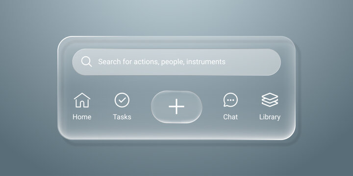Liquid glass mobile or website navigation bar for social media apps with home, tasks, chat, library and search icons in rounded rectangle frosted glass style ui elements