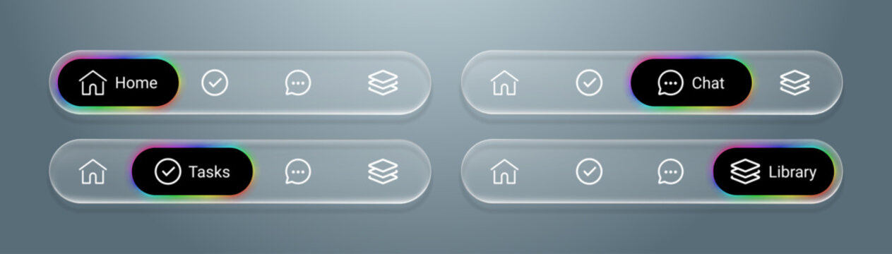 Liquid glass mobile or website navigation bar for social media apps with home, tasks, chat and library icons in glowing neon rounded rectangle frosted glass style ui elements