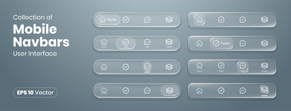 Collection of mobile navigation bar in liquid glassmorphism style. Navbars for social media apps with home, tasks, chat and library icons in rounded rectangle shape user interface design elements