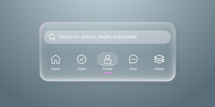 Liquid glass mobile or website navigation bar for social media apps with home, tasks, Profile, chat, library and search icons in rounded rectangle hologrphic frosted glass style ui elements