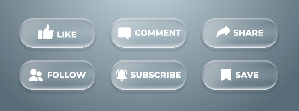 Like, comment, share, follow, subscribe and save buttons icon in liquid glass morphism style. Social media and video symbol application interface vector illustration