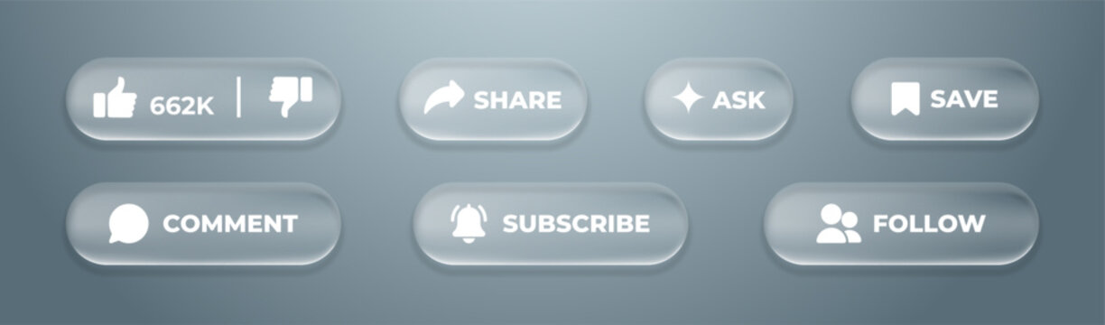 Like, comment, share, follow, subscribe and save buttons icon in liquid glass morphism style. Social media and video symbol application interface vector illustration
