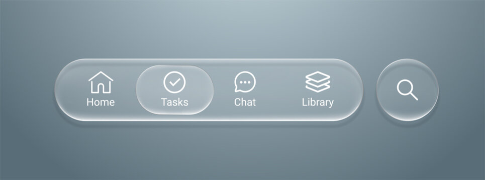 Liquid glass mobile or website navigation bar for social media apps with home, tasks, chat, library and search icons in rounded rectangle frosted glass style ui elements
