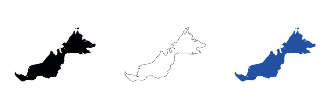 Outline and solid maps of Malaysia, a Southeast Asian country
