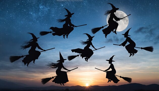 Silhouettes of group of witches flying on broomsticks during full moon night