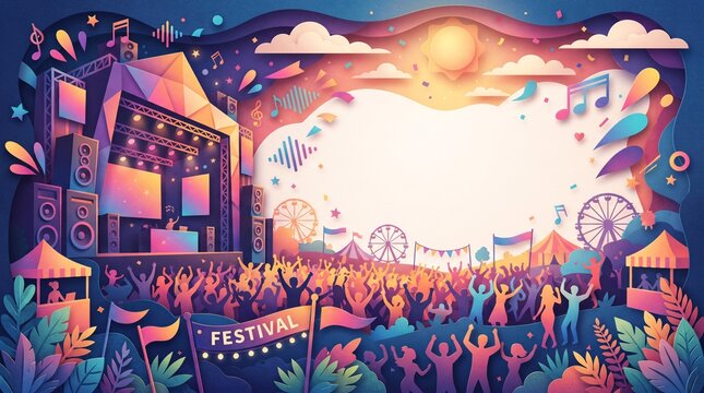 Music festival concert stage with a cheering crowd of dancing people in a vibrant paper cut art style featuring colorful gradients and a large empty copy space for text