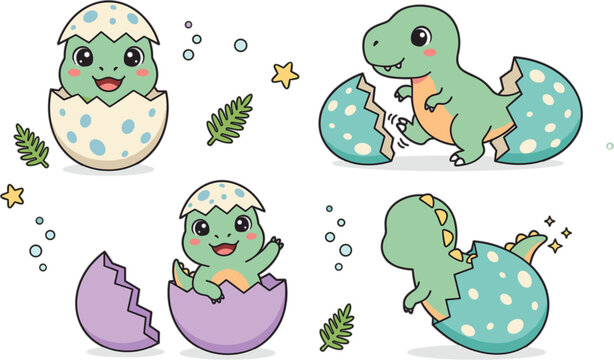 Cute baby dinosaur hatching from egg cartoon character vector set with t-rex dino newborns on white background