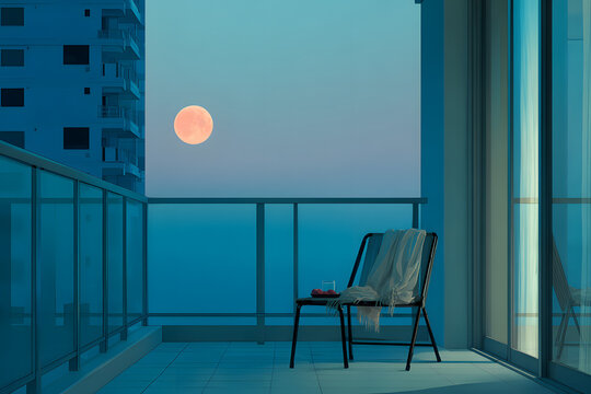 Full Moon over Urban Balcony at Night